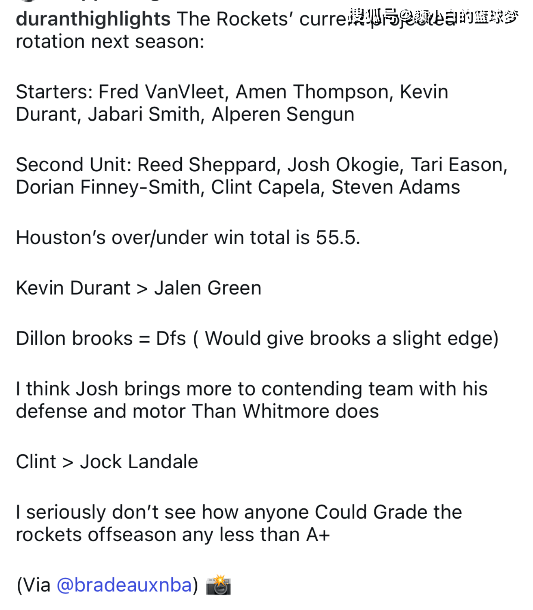 火箭“4换4”运作评级A休斯顿火箭
！休媒预计至少55.5胜 美记称KD最适配休斯顿